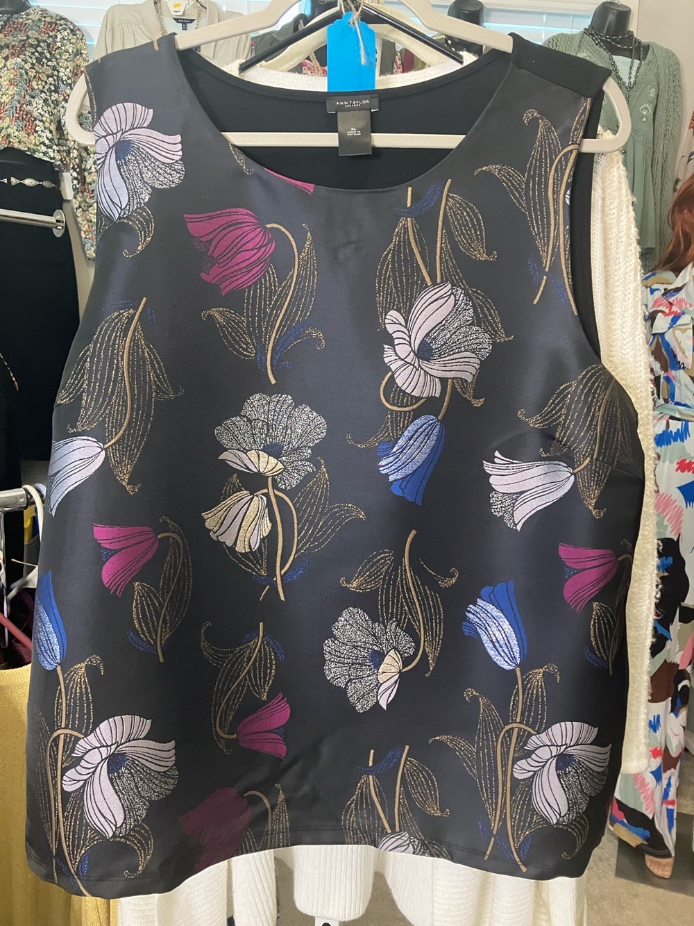 Ann Taylor Factory Black Satin Floral Tank with Metallic Gold Accents